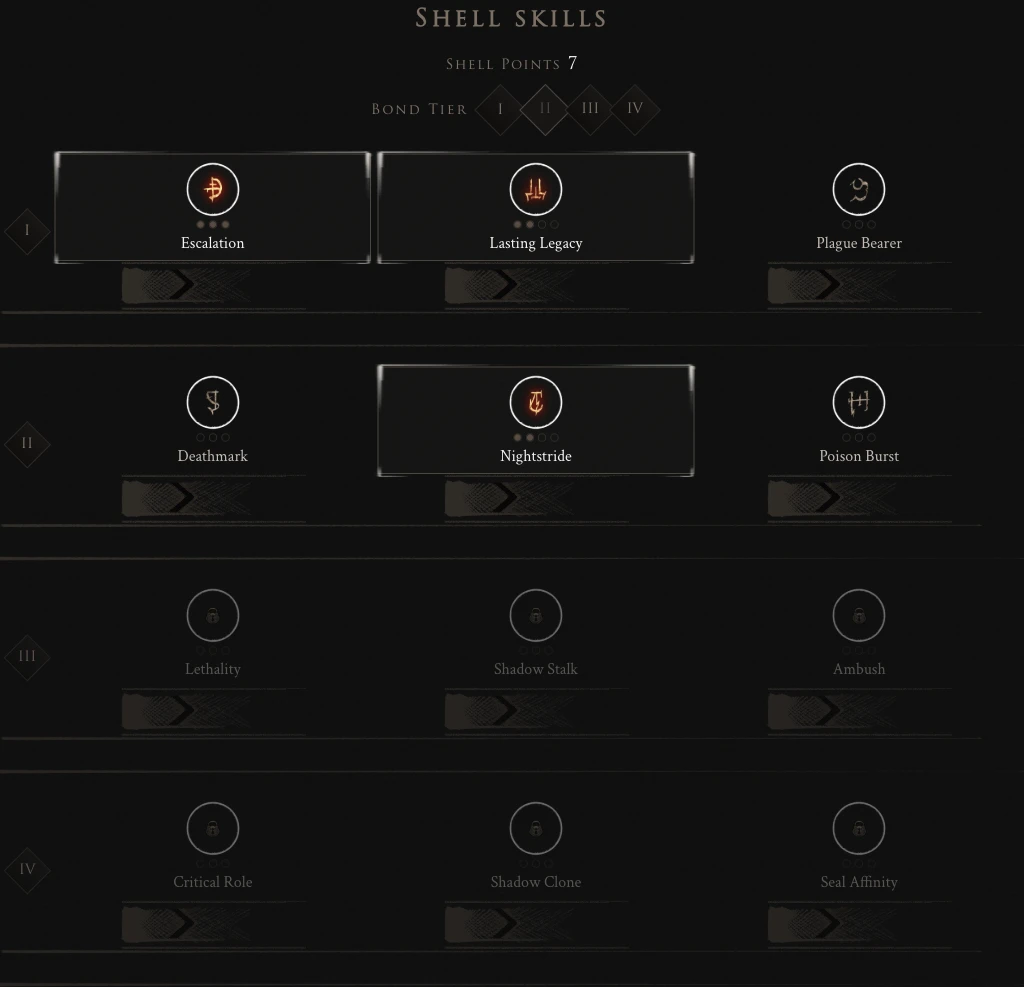 The Build Creator skill grid for Tiel at Bond Tier II, with levels spent in the first two rows and rows III and IV locked