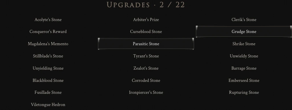 The Upgrades panel for The Iconoclast and Naylshotte with the Parasitic Stone and the Grudge Stone selected